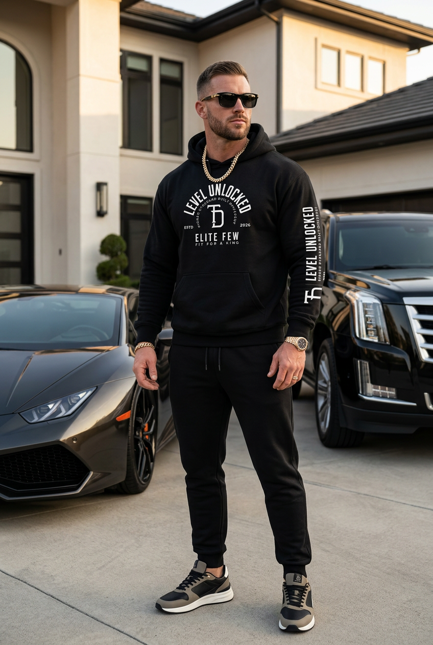 White male model in black hoodie beside luxury cars