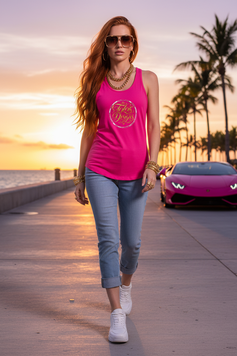 White Red Hair Pink Tank Jean Pants